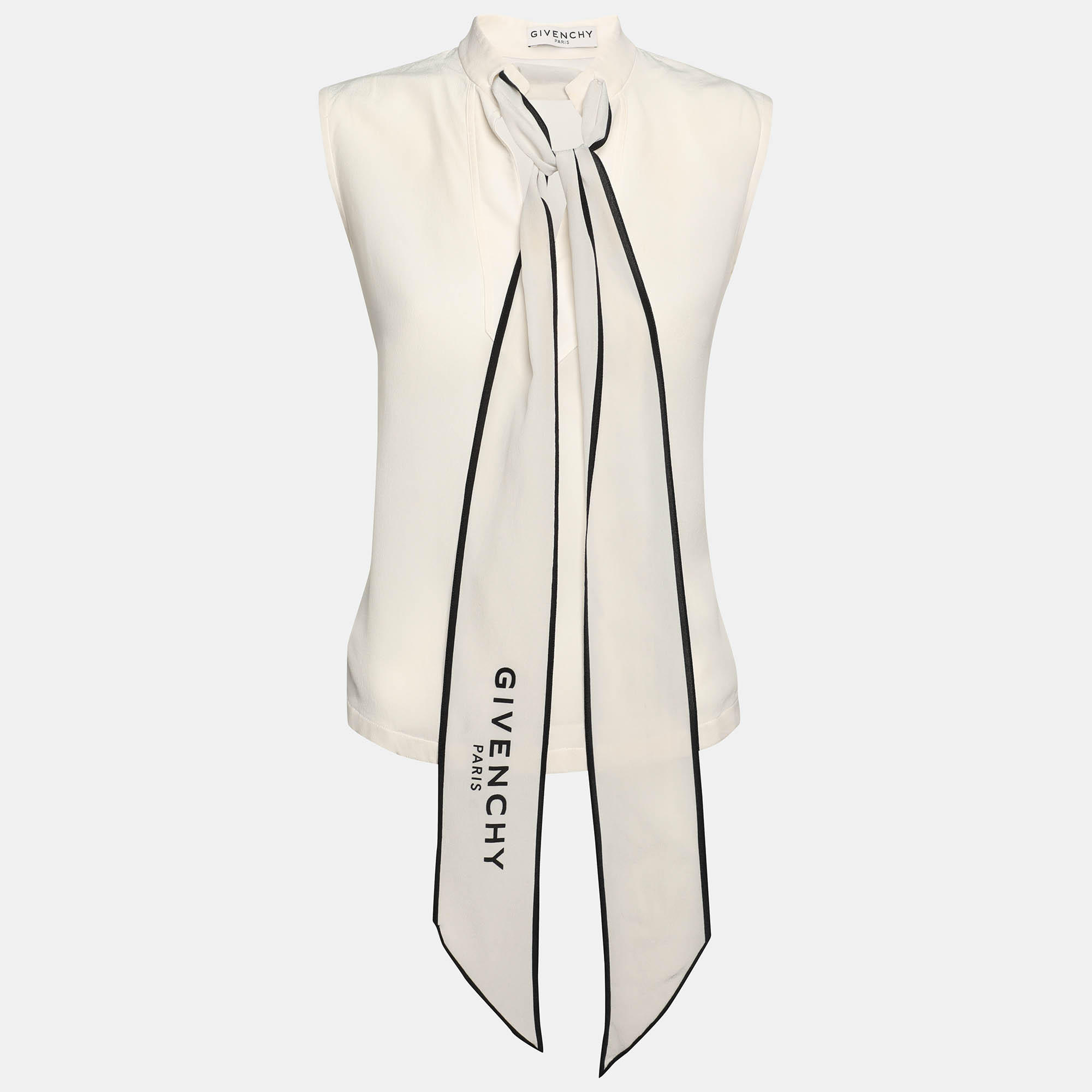 Pre-owned Givenchy Cream Silk Logo Scarf Detail Top S