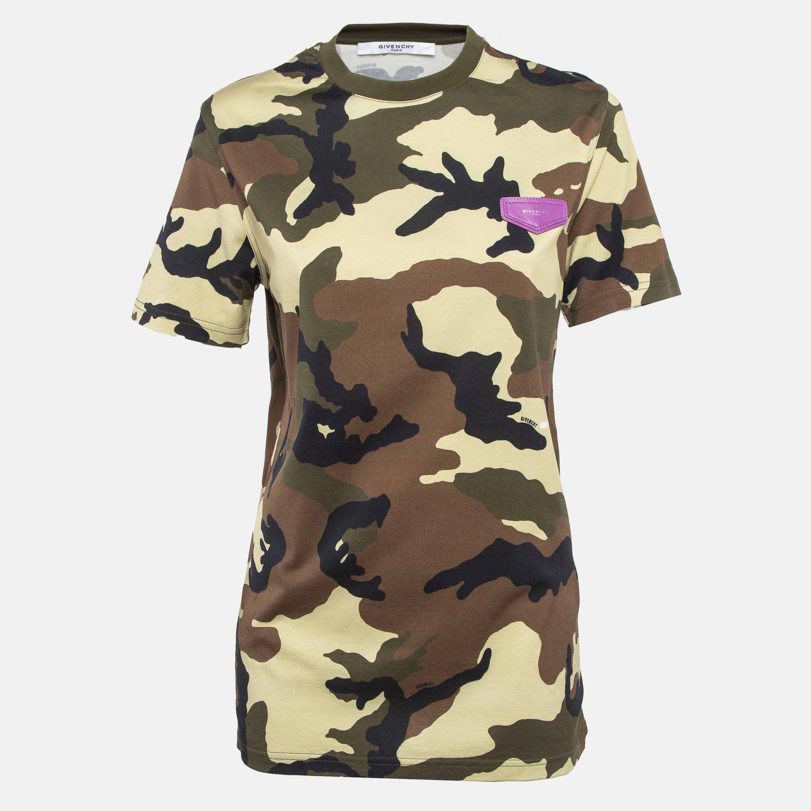 

Givenchy Green Camouflage Print Leather Applique Jersey T-Shirt XS