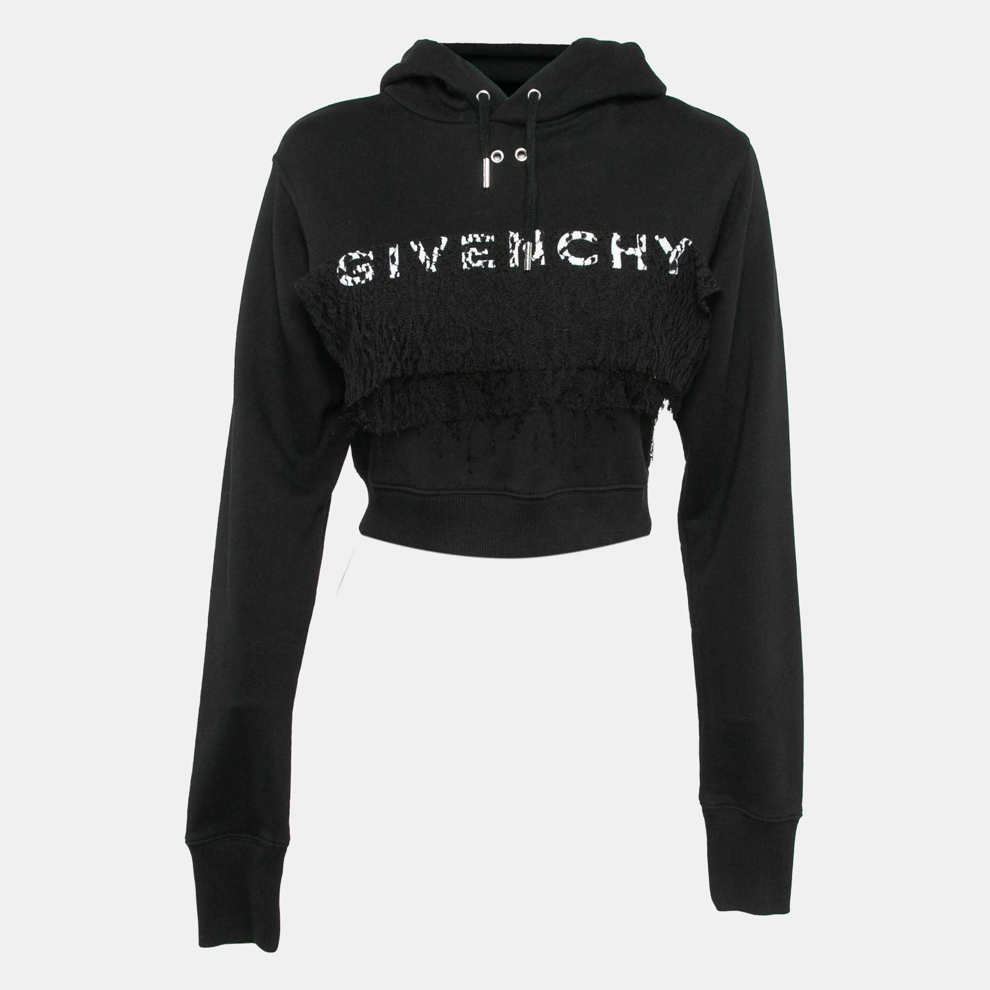 

Givenchy Black Logo Embroidered Lace Trim Cotton Crop Hoodie XS