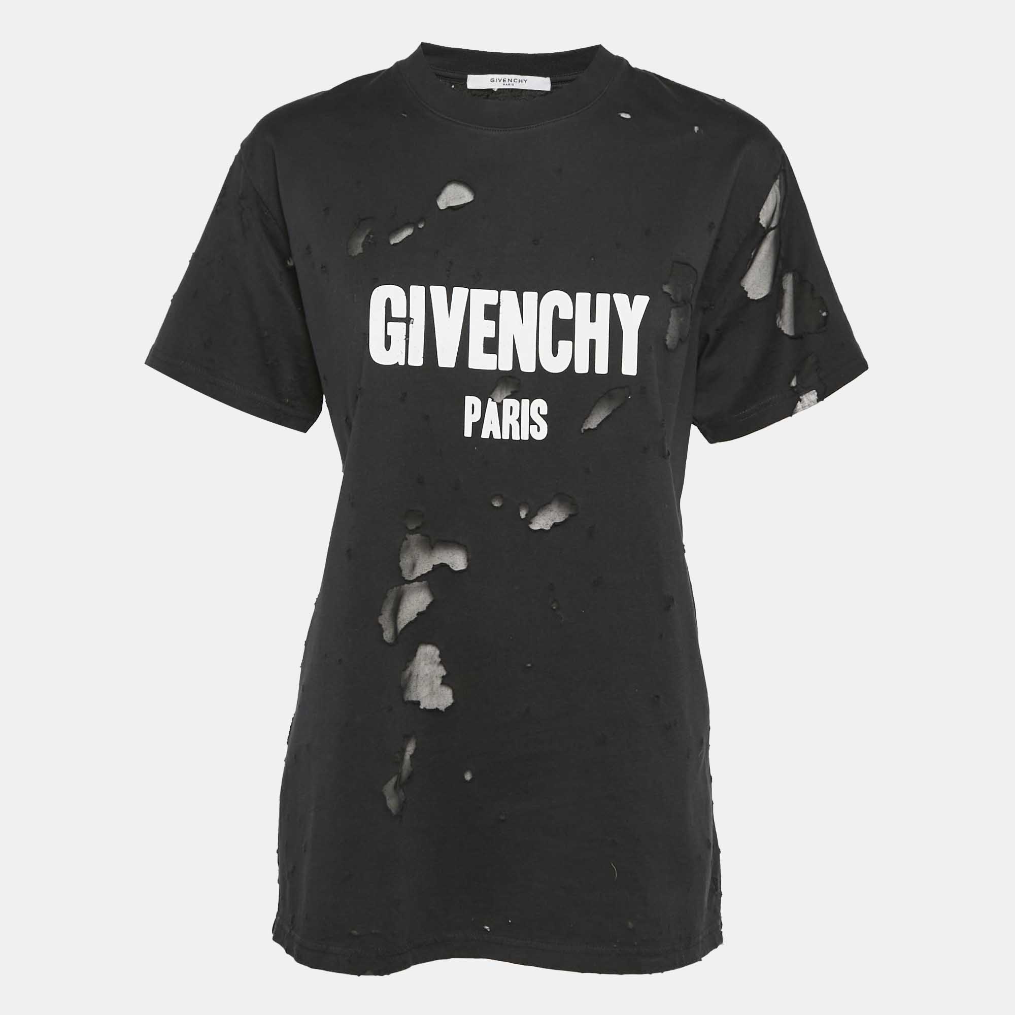 

Givenchy Black Logo Print Distressed Cotton Crew Neck T-Shirt XXS