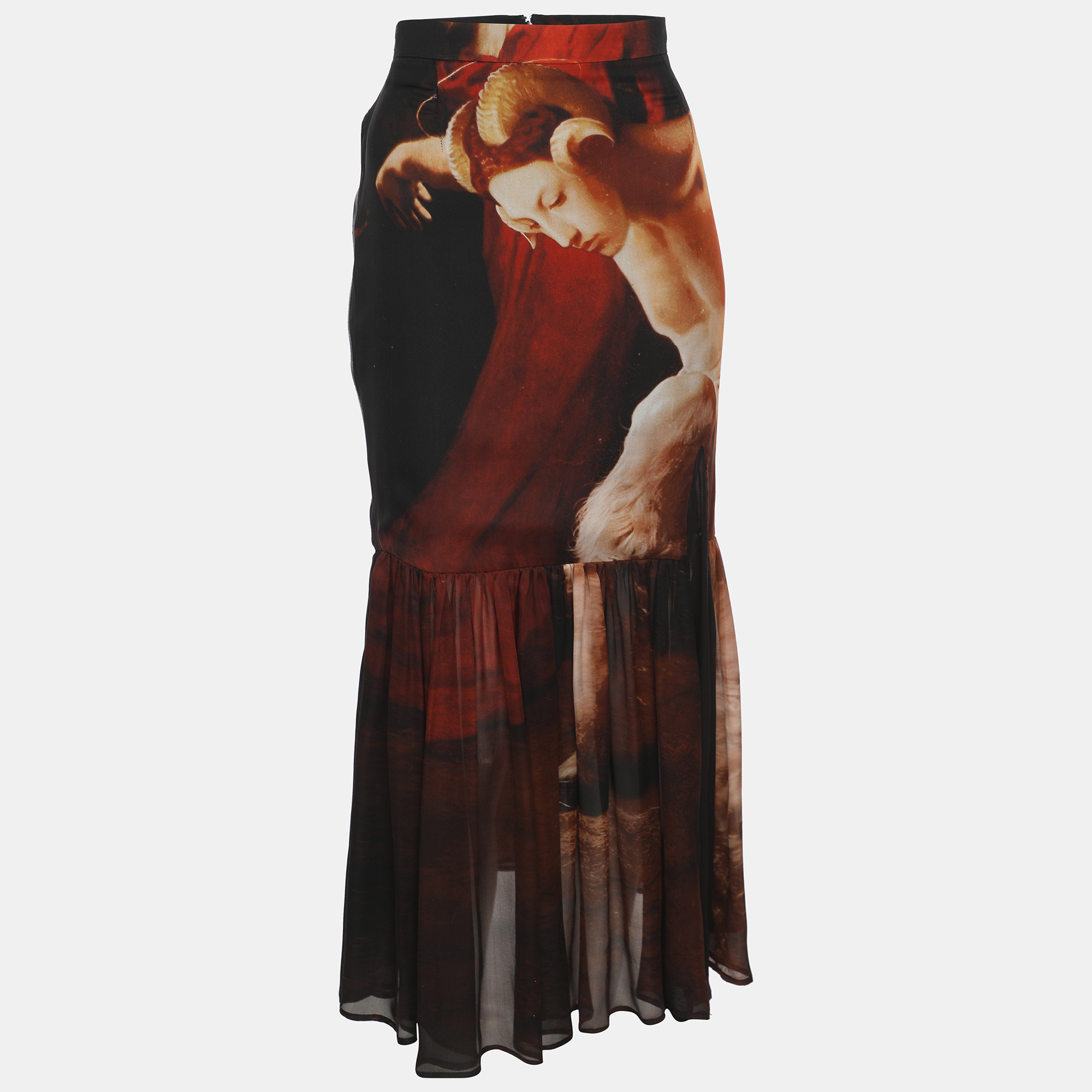 Pre-owned Givenchy Multicolor Satin Faun Art Print "the Bacchante" Midi Skirt M
