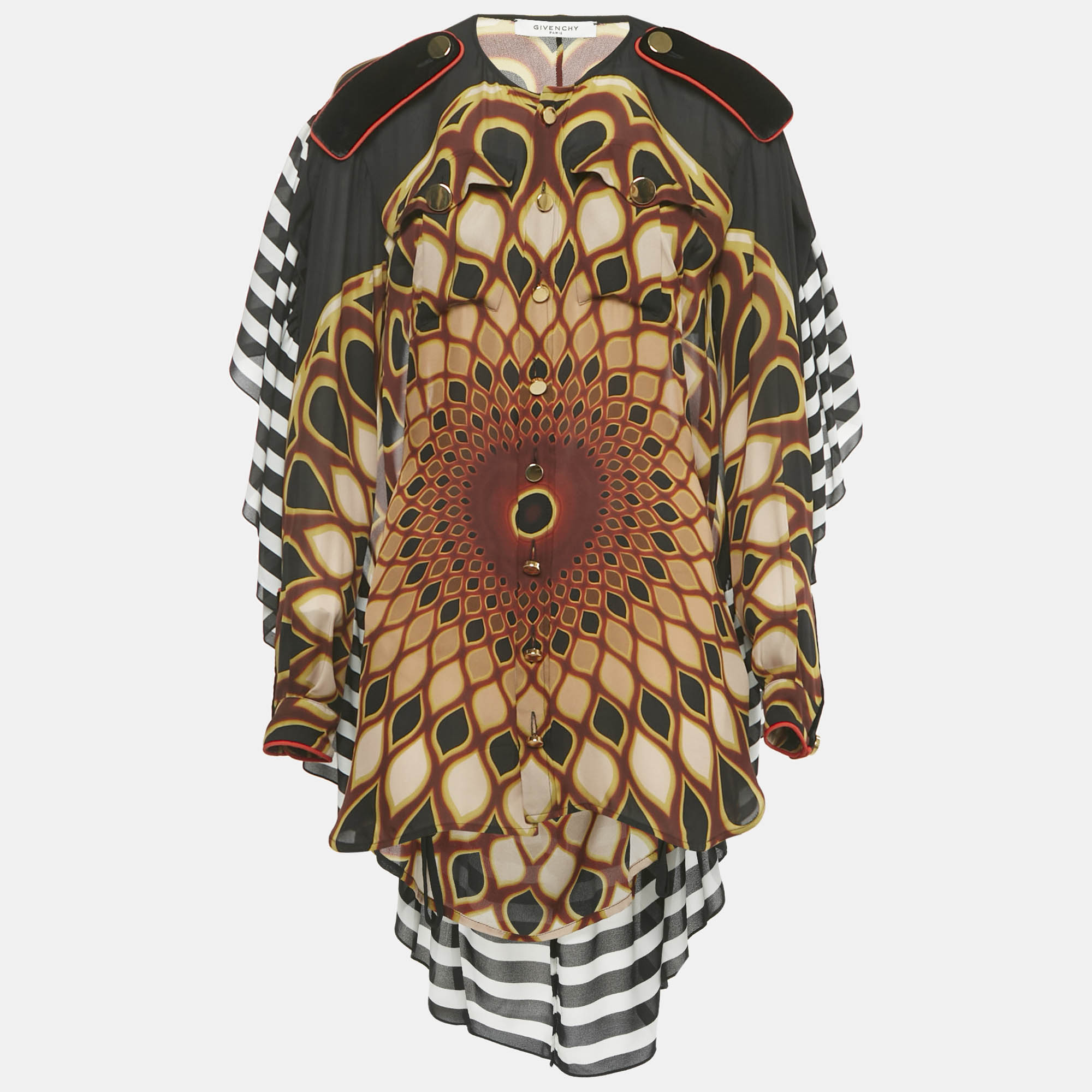 

Givenchy Black Printed Silk Frill Back Open Blouse M