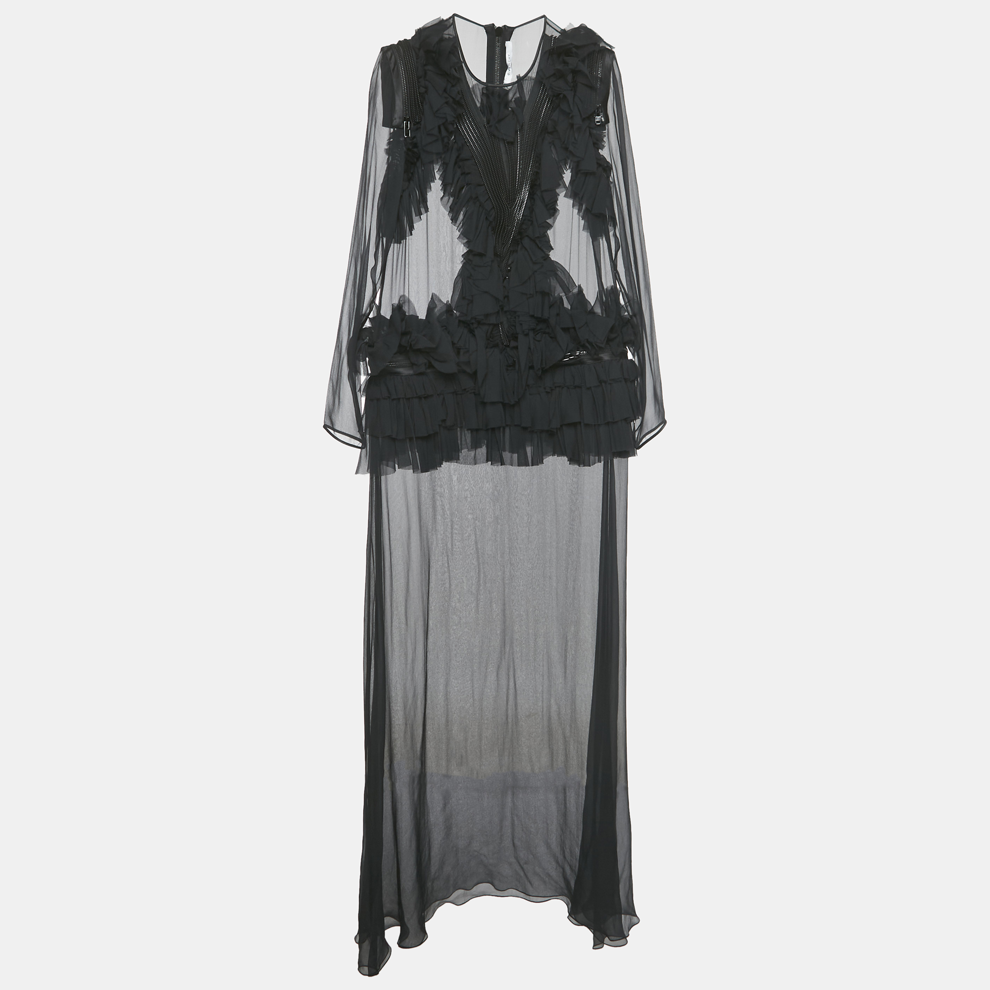 Pre-owned Givenchy Black Frill & Zipper Detail Silk Sheer Maxi Dress L