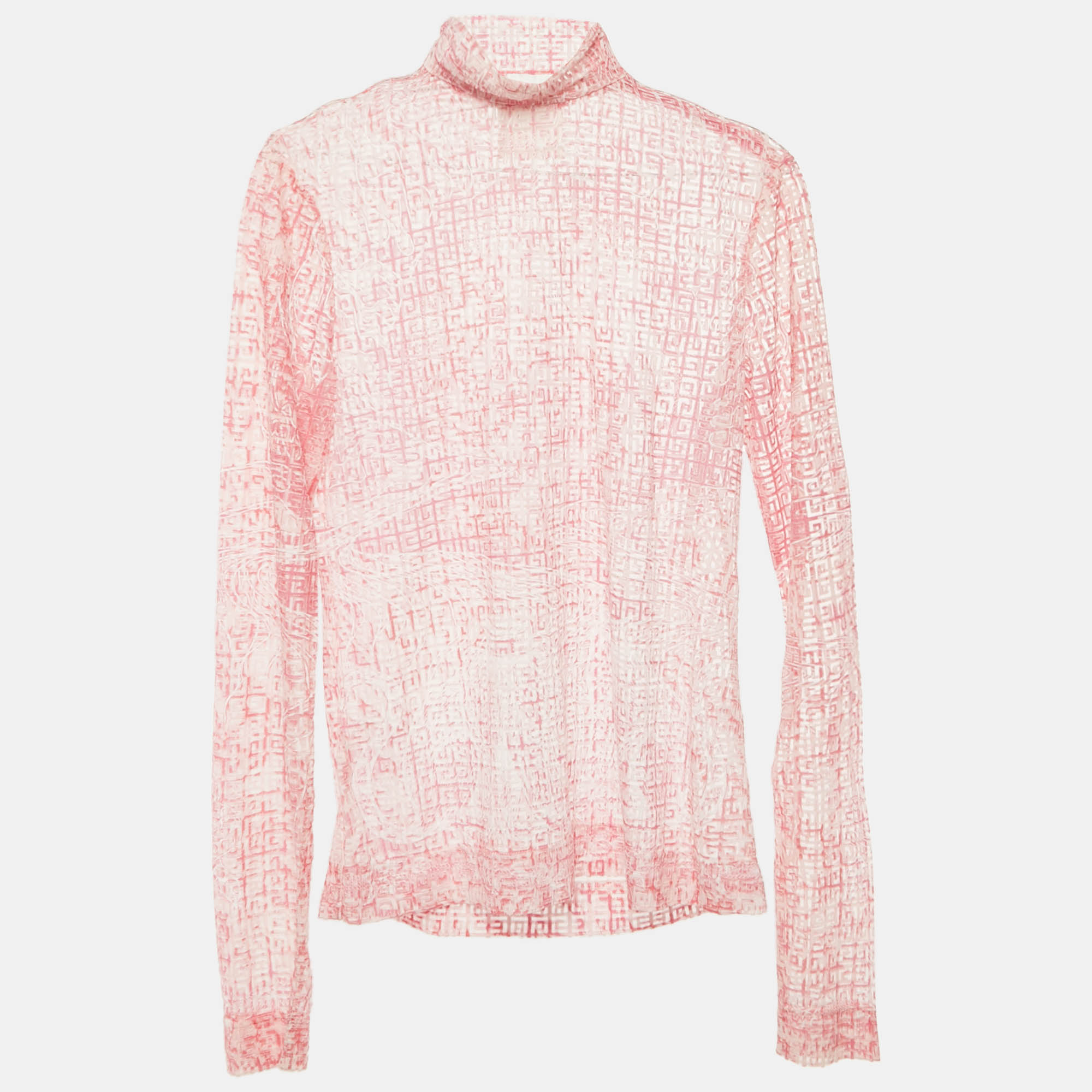 Pre-owned Givenchy Pink/white Mesh Velvet 4g Turtleneck Top M