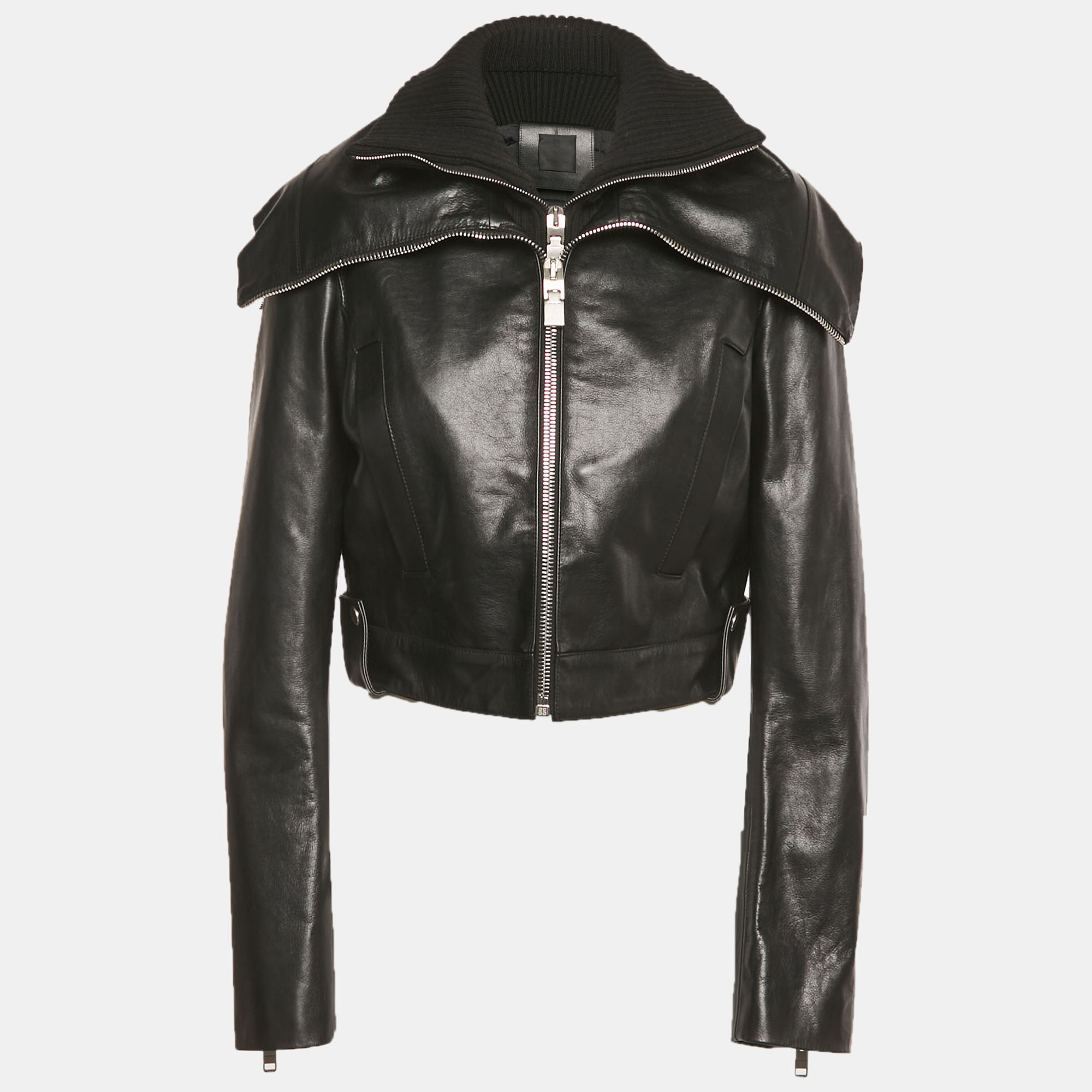 Pre-owned Givenchy Black Rib Knit And Leather Crop Jacket M