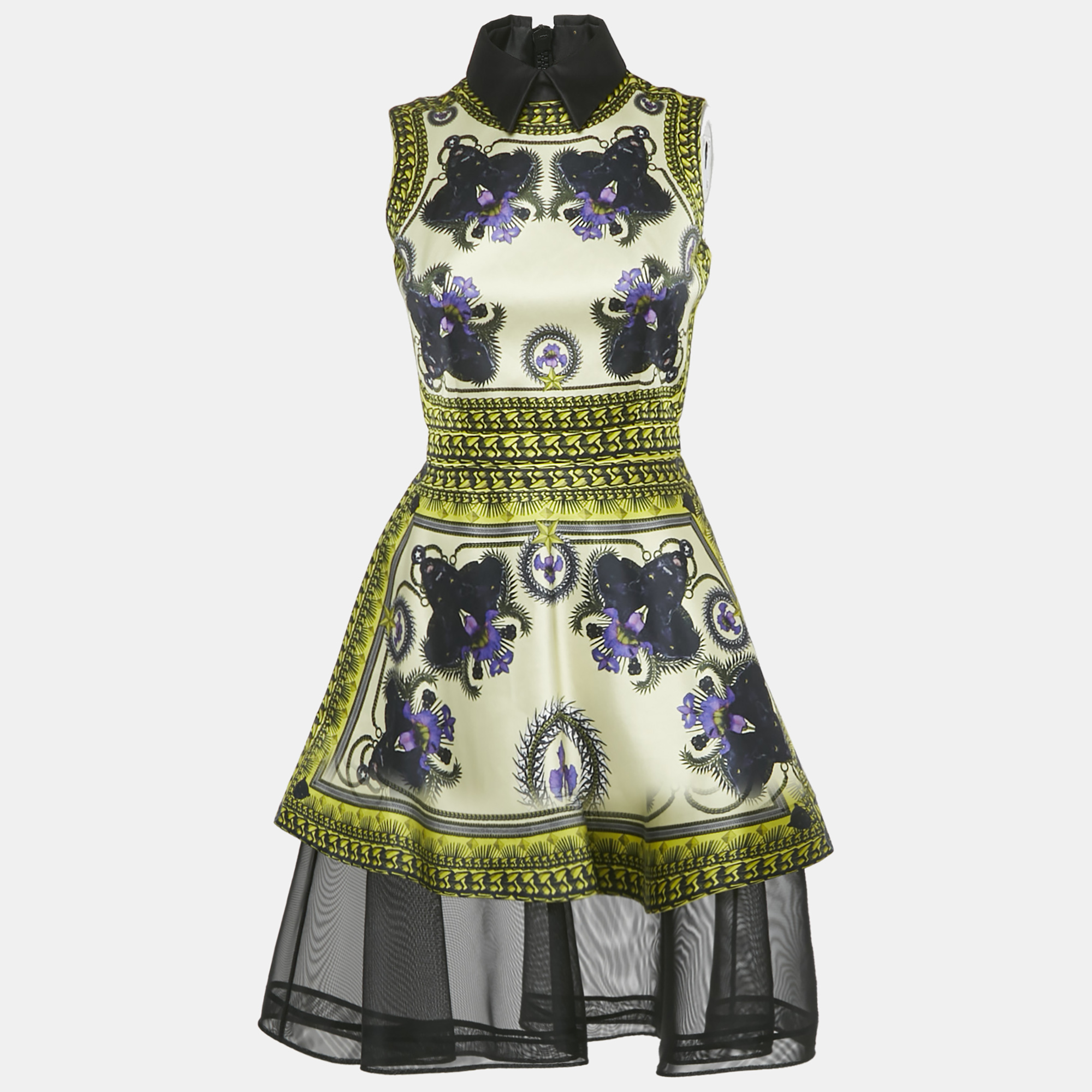Pre-owned Givenchy Yellow Panther Print Satin Tulle Trim Short Dress S
