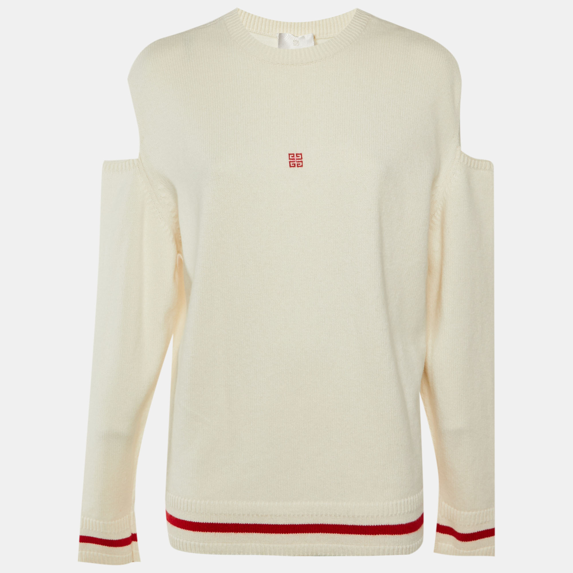 

Givenchy Cream/Red Logo Intarsia Wool Blend Cut Out Sleeve Detail Sweater S