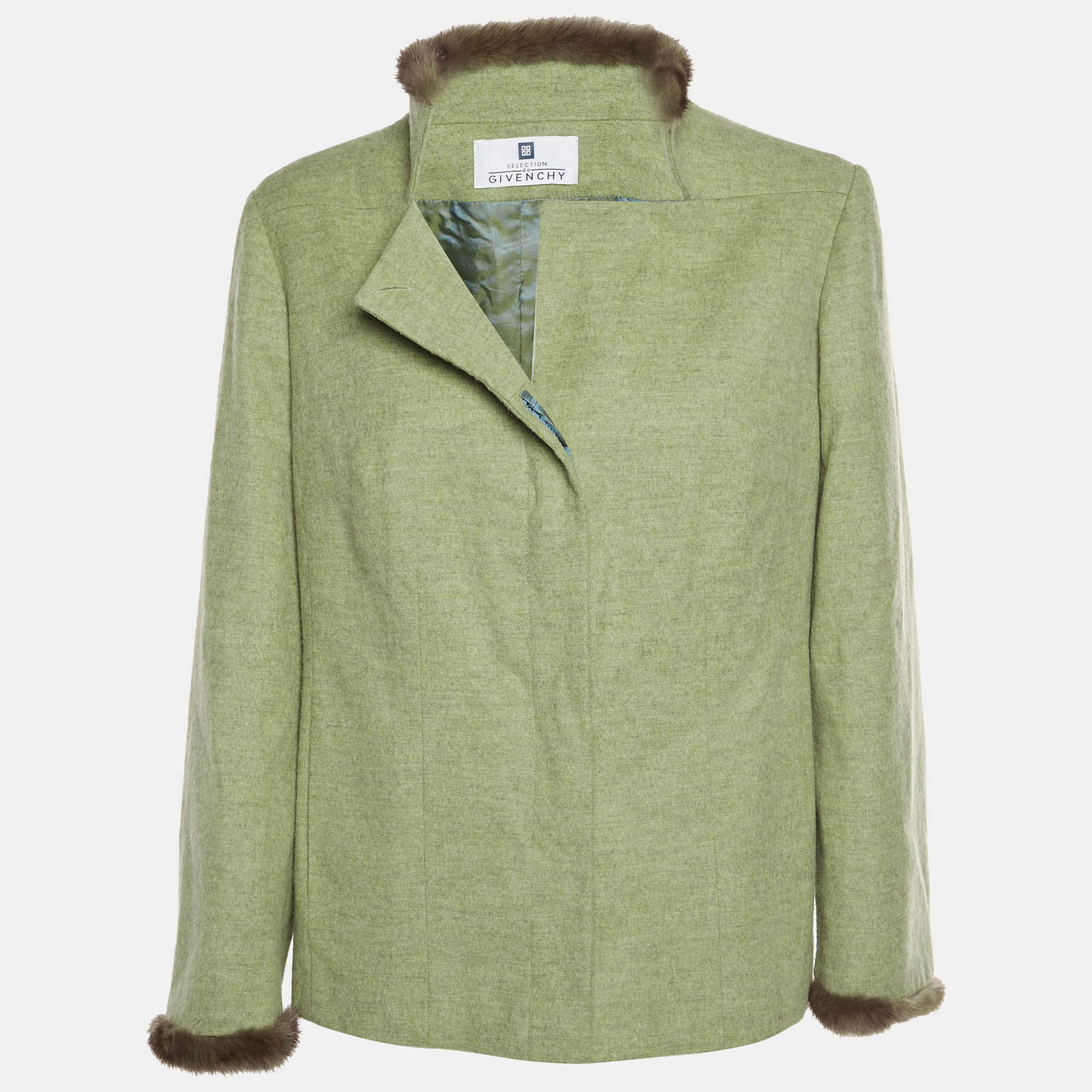 

Givenchy Vintage Green Wool Blend Real Fur Trim Button Up Jacket XL