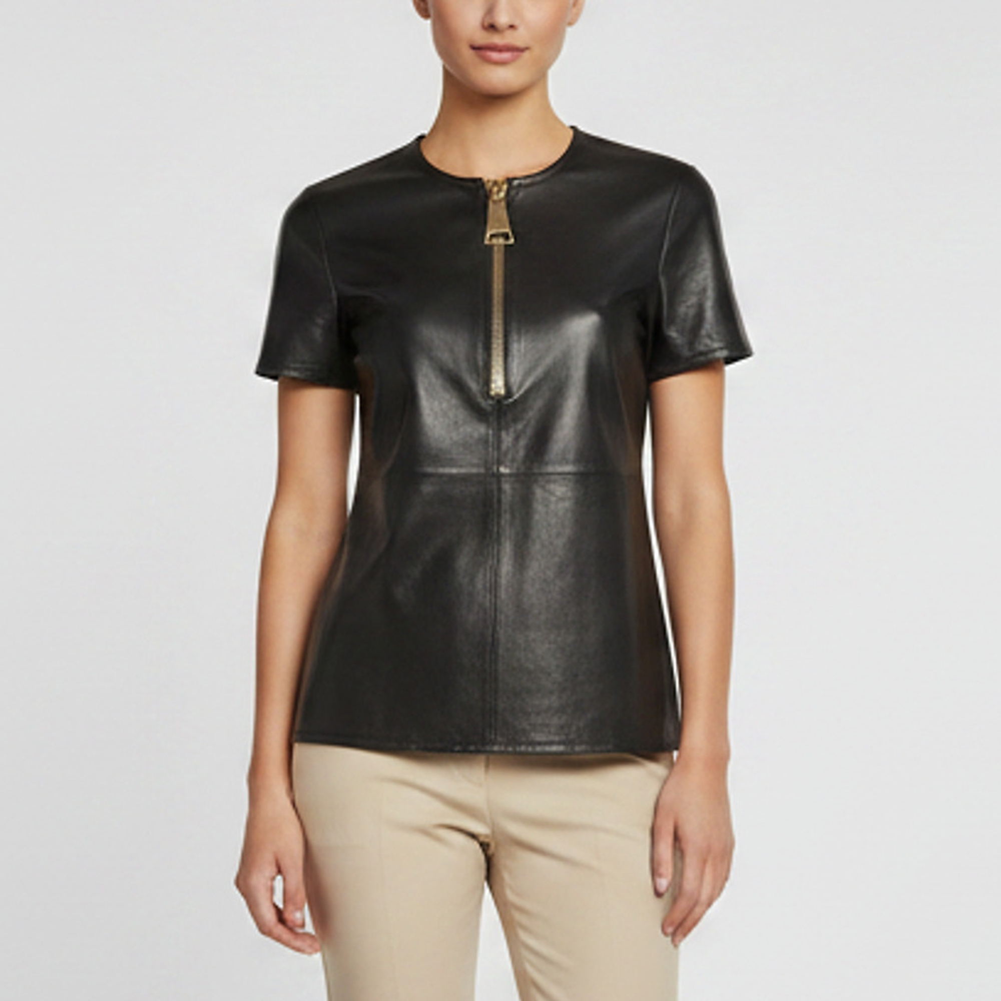 Pre-owned Givenchy Black Leather Front-zip Short Sleeve Tunic Top S