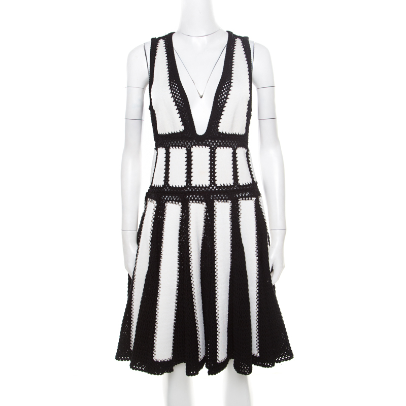 Pre Owned Givenchy Monochrome Open Knit Studded Plunge Neck Detail Paneled Dress S
