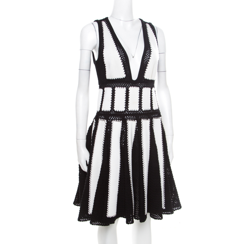 

Givenchy Monochrome Open Knit Studded Plunge Neck Detail Paneled Dress, Black