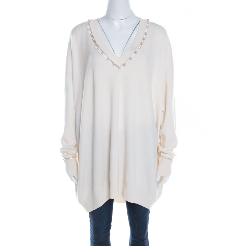 Pre Owned بلوفر جيفنشي صوف كشمير رصاصي لؤلؤ صناعي رقبة حرف V مقاس S