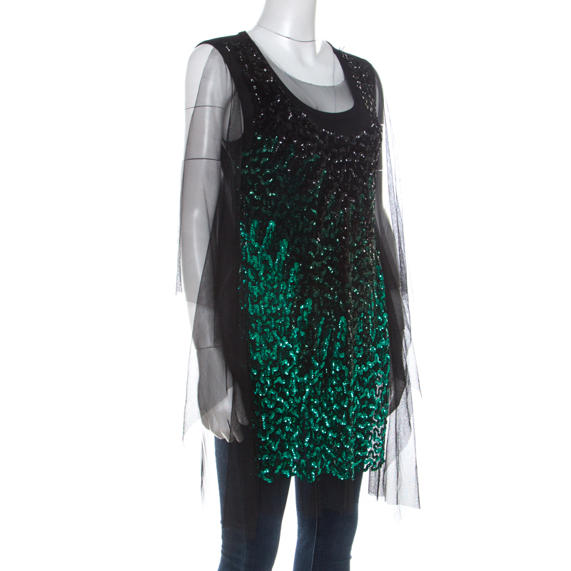 

Givenchy Black and Green Sequin Embellished Mesh Top