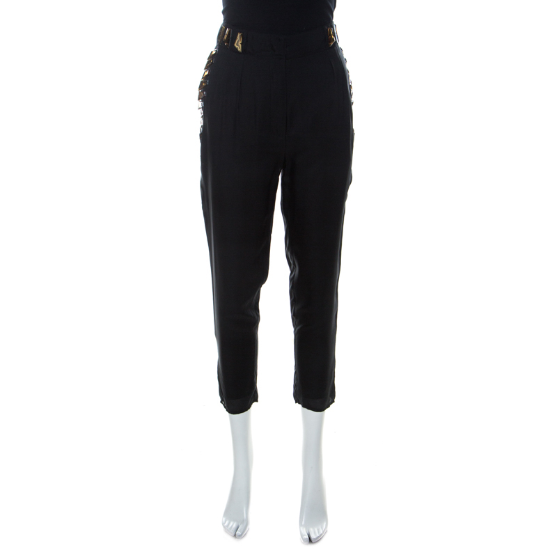 Pre Owned Givenchy Black Silk Embellished Pocket Detail Cropped Trousers M