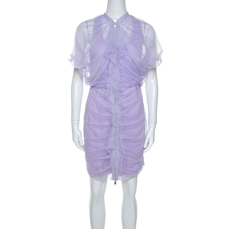 Pre-owned Givenchy Lilac Textured Mesh Ruched Zip Front Dress M In Purple