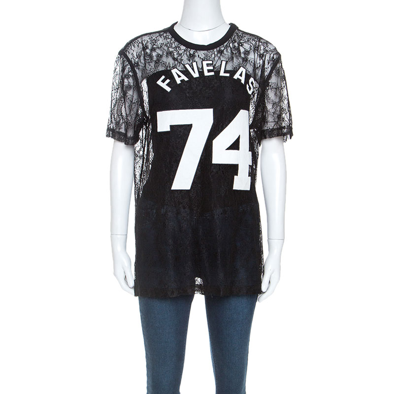 Pre-owned Givenchy Black Lace Favelas Applique Detail Short Sleeve Top M
