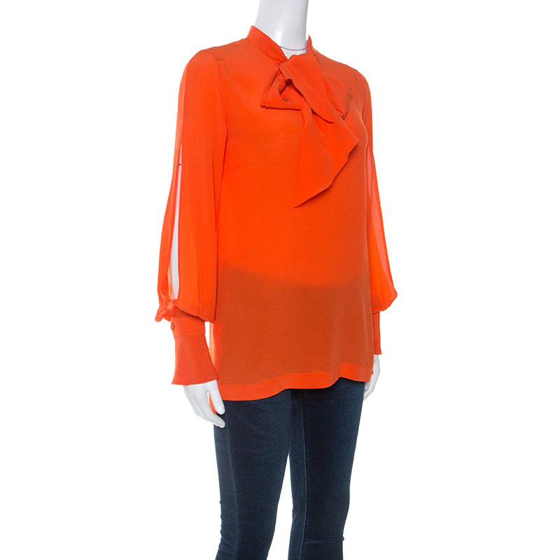 

Givenchy Orange Crepe Slit Sleeve Detail Tie Neck Blouse