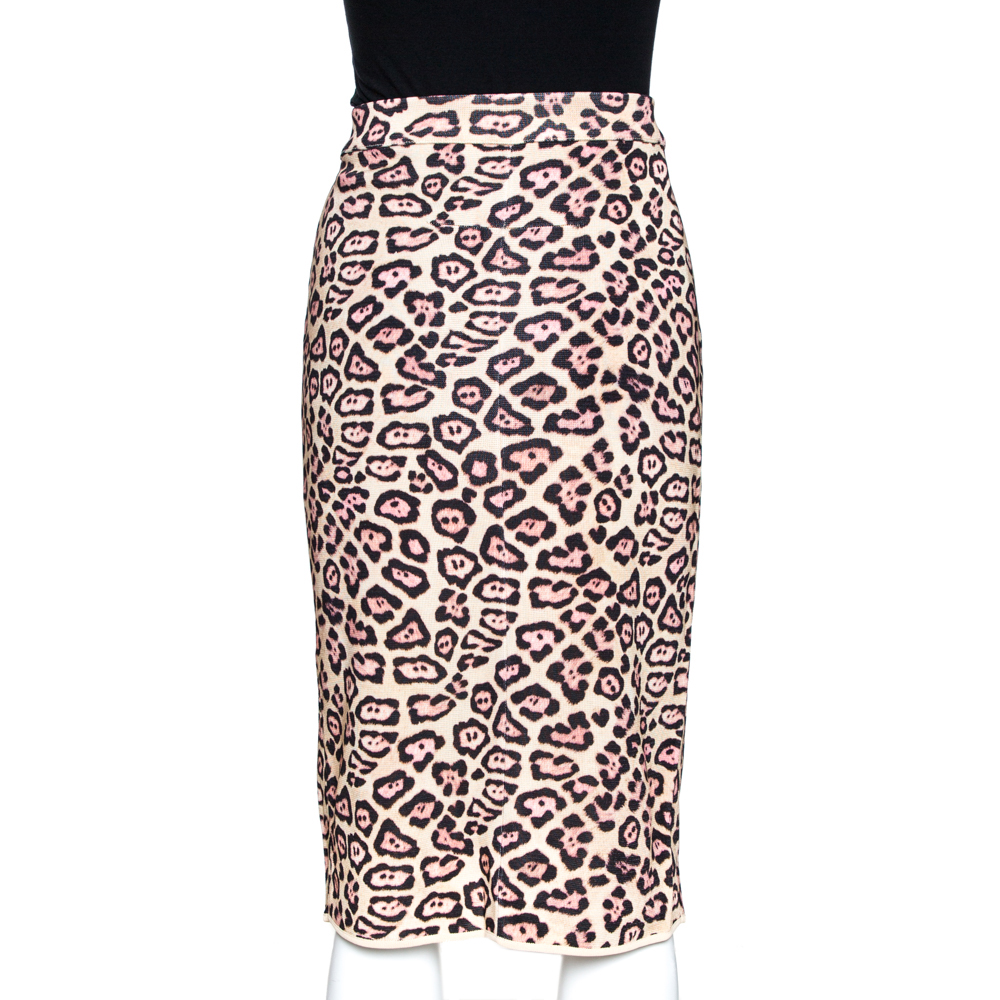 Pre-owned Givenchy Cream Leopard Print Knit Fitted Skirt M