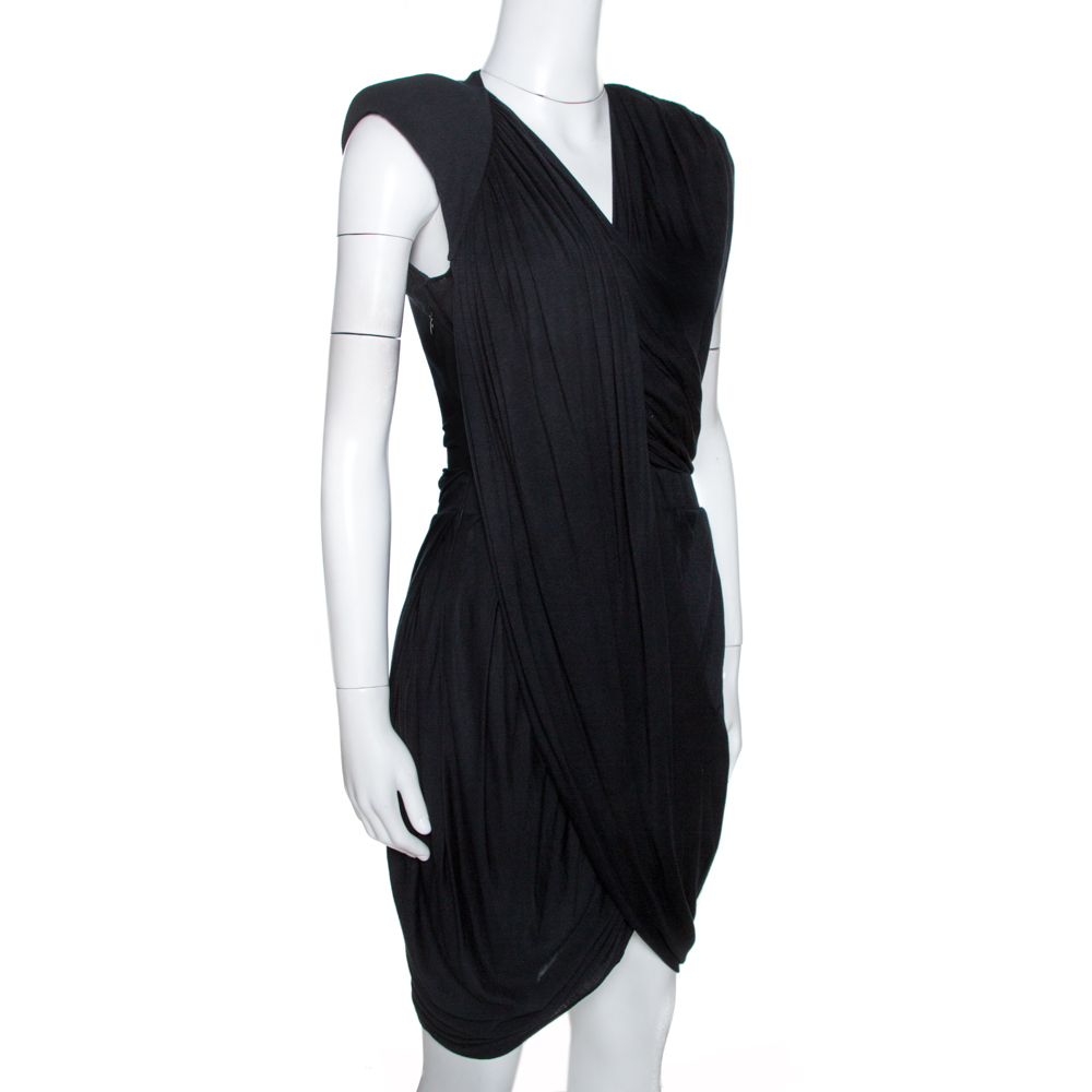 

Givenchy Black Jersey Padded Shoulder Detail Draped Dress