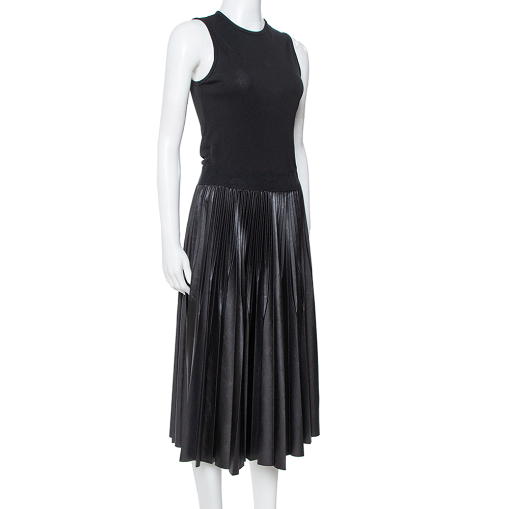 

Givenchy Black Jersey Pleated Faux Leather Midi Dress