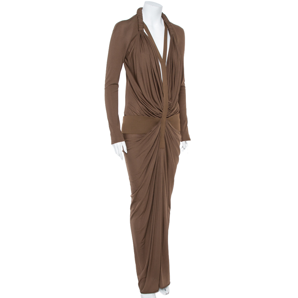 

Givenchy Brown Silk Jersey Draped Harness Maxi Dress