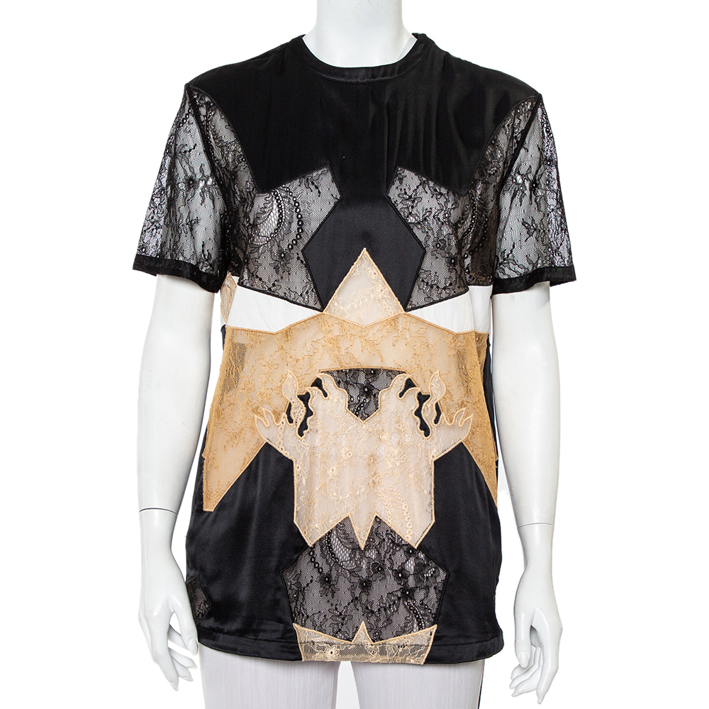 Pre-owned Givenchy Black Silk & Lace Paneled Shoulder Zip Detail Top S