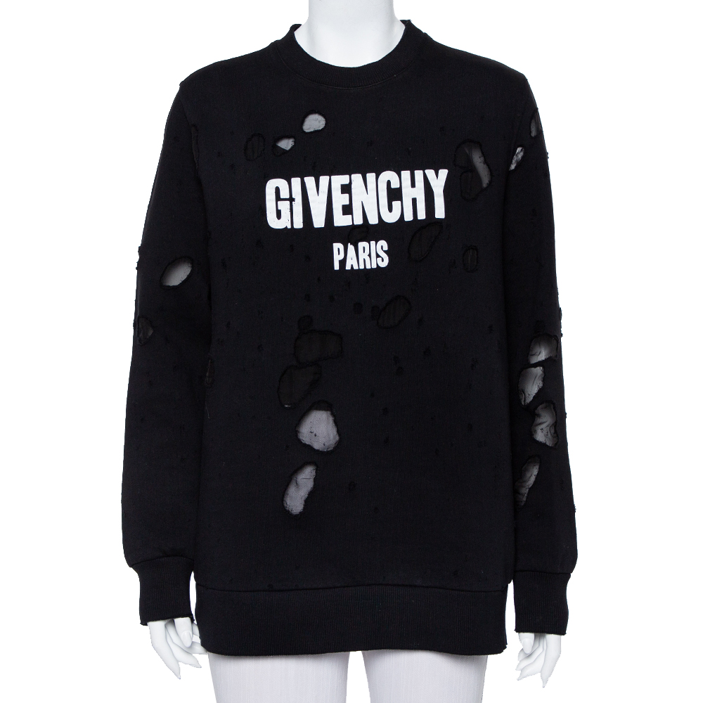 Pre-owned Givenchy Black Cotton Logo Printed Distressed Sweatshirt S