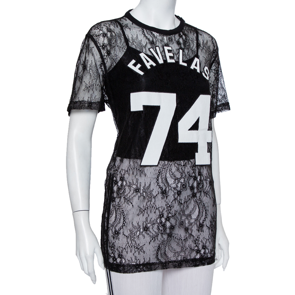 

Givenchy Black Lace Favelas Applique Detail Short Sleeve Sheer Top