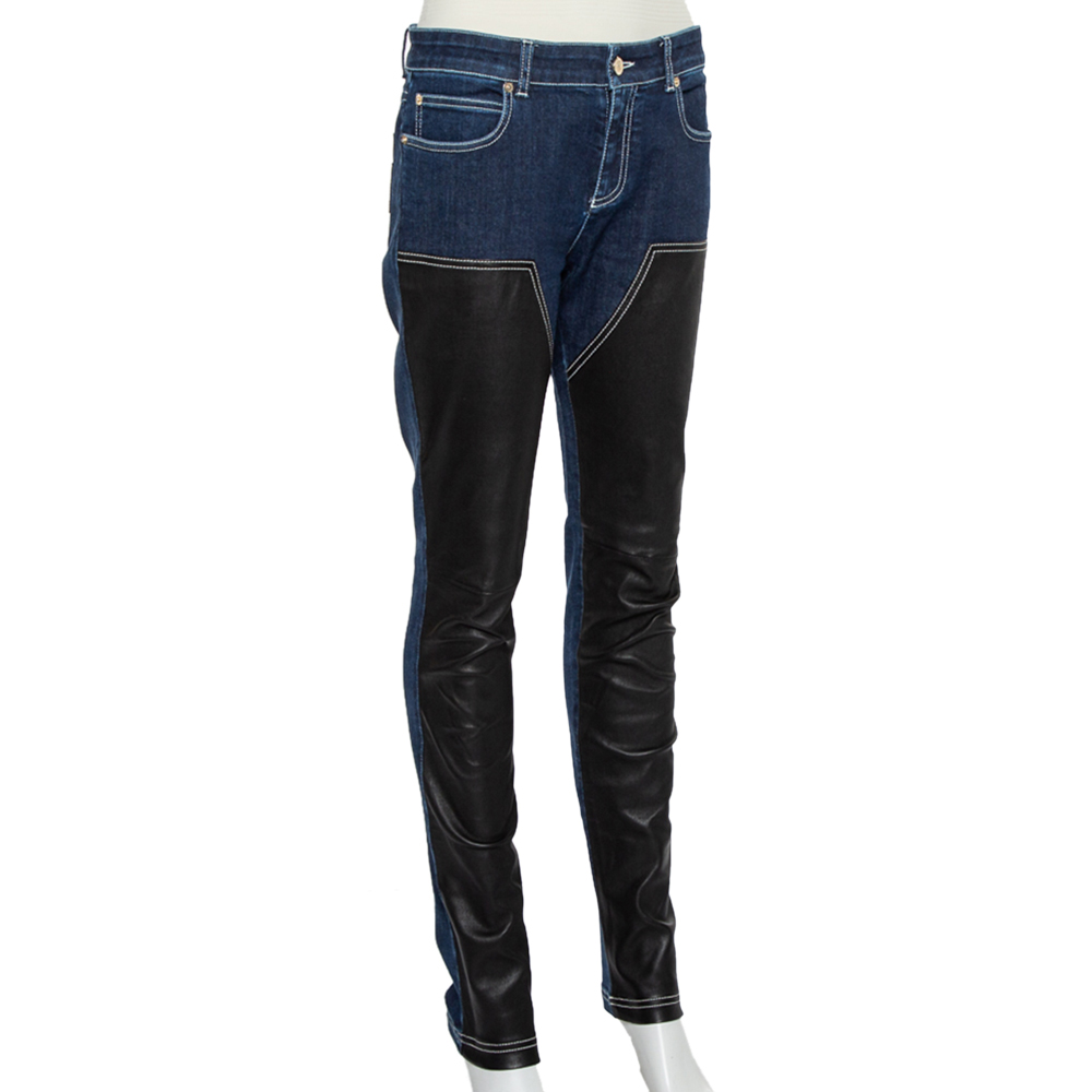 

Givenchy Navy Blue Denim Leather Paneled Tapered Leg Jeans