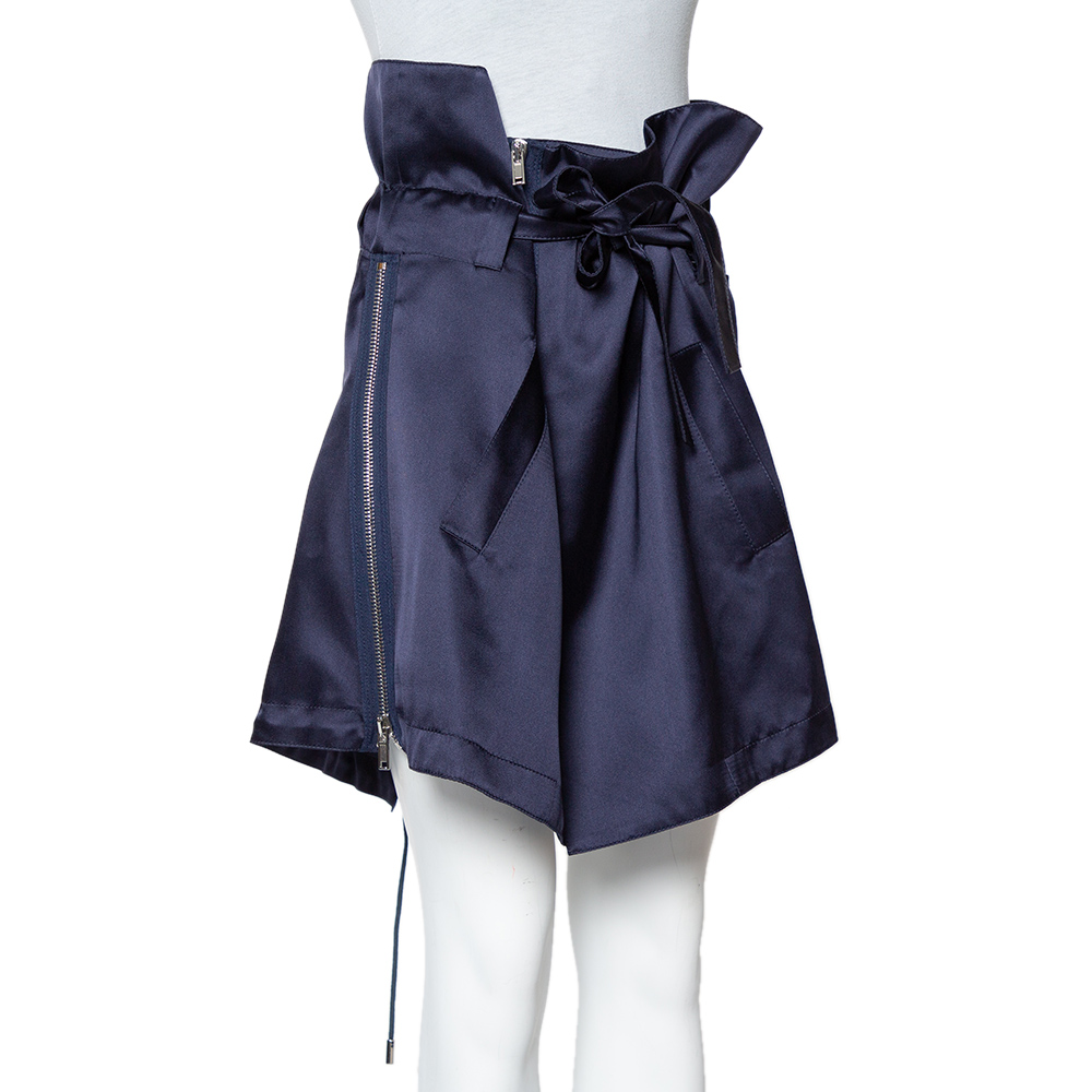 

Givenchy Navy Blue Silk Sateen Paperbag Waist Belted Mini Skirt