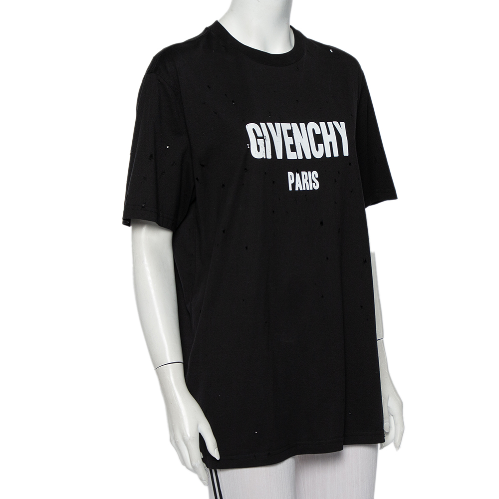 

Givenchy Black Logo Printed Cotton Distressed T-Shirt