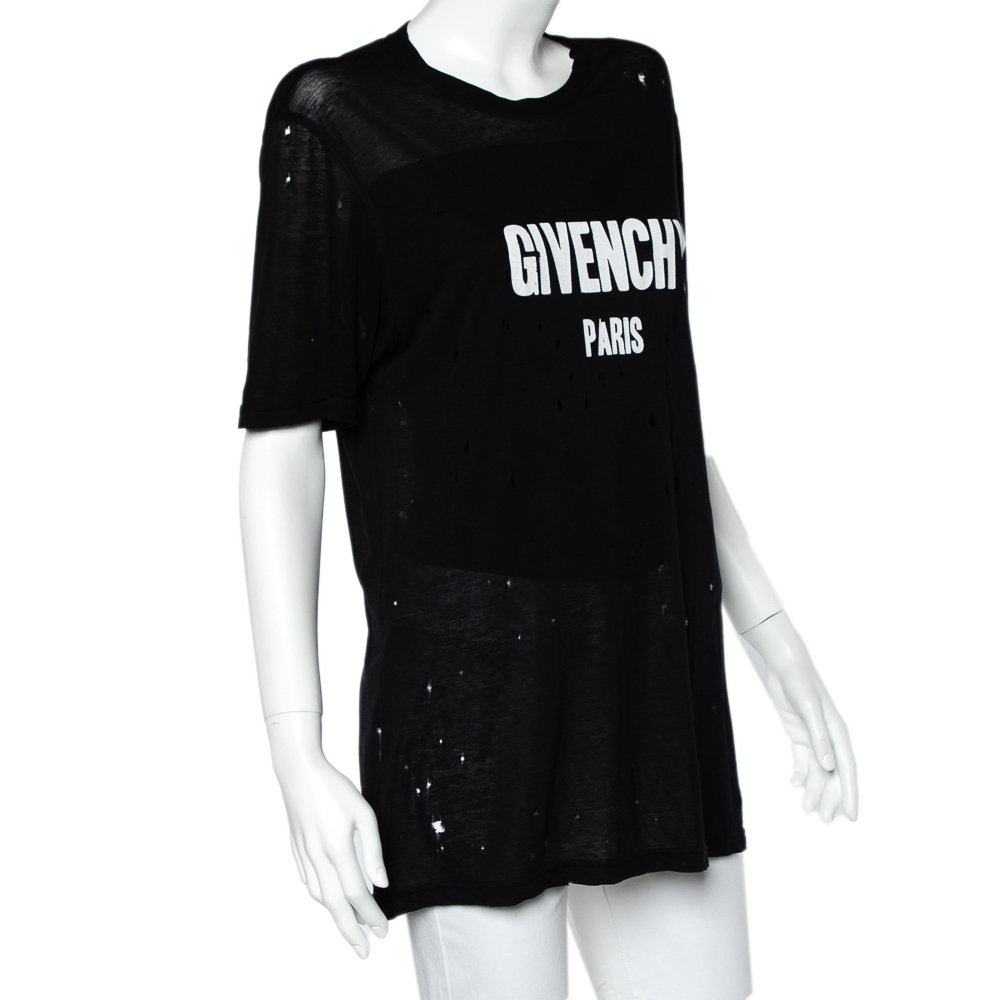 

Givenchy Black Logo Printed Cotton Oversized Distressed T-Shirt