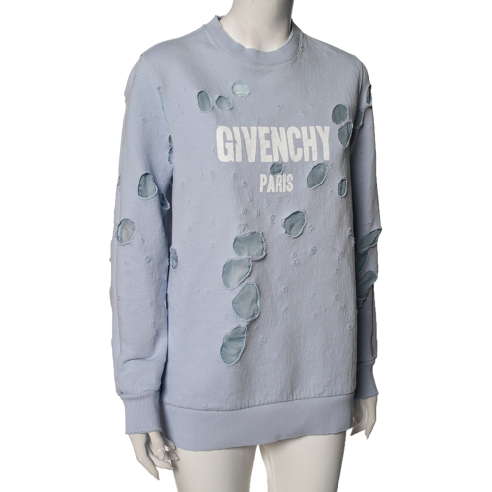 

Givenchy Light Blue Cotton Logo Printed Distressed Oversized Sweatshirt