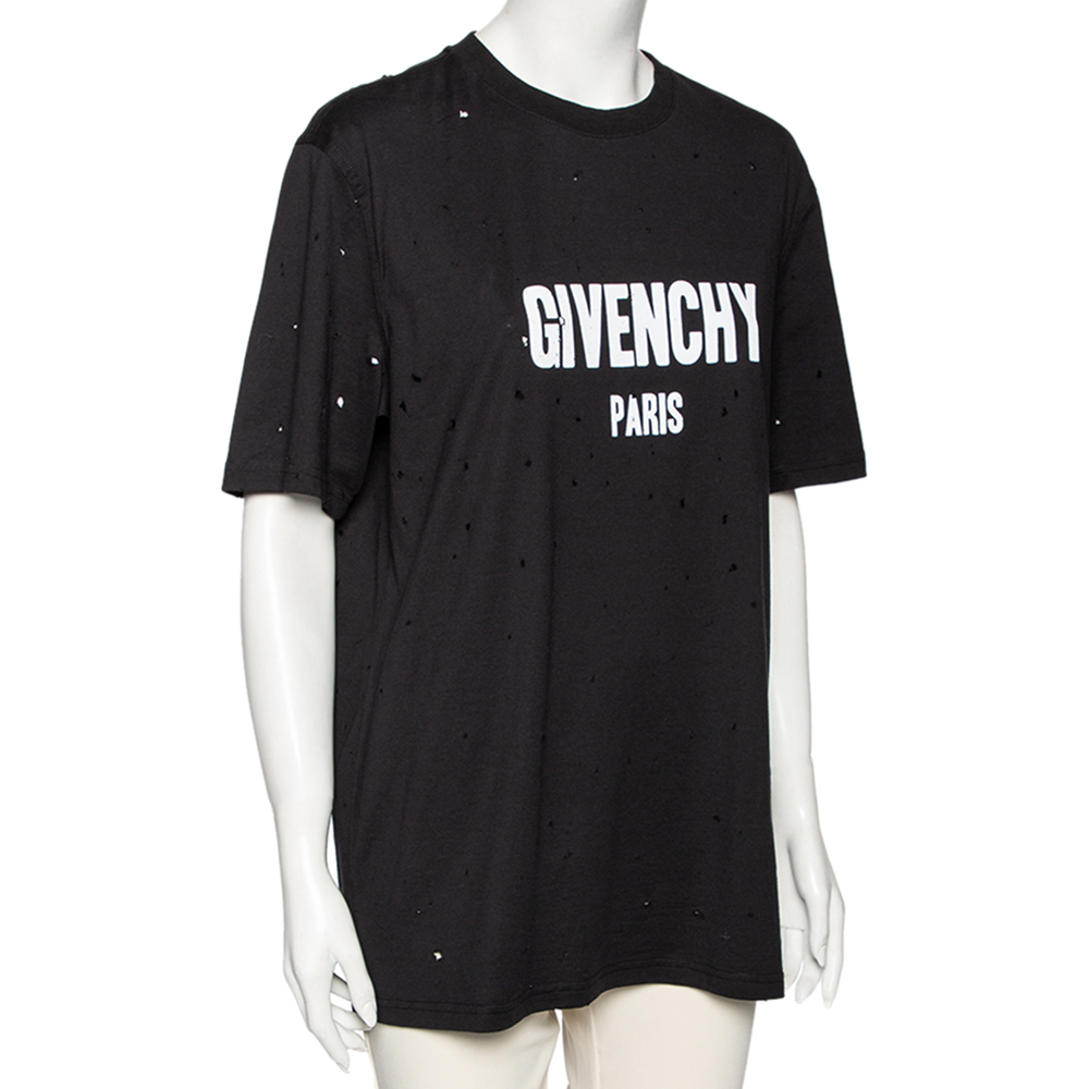 

Givenchy Black Distressed Logo Printed Cotton Oversized T-Shirt