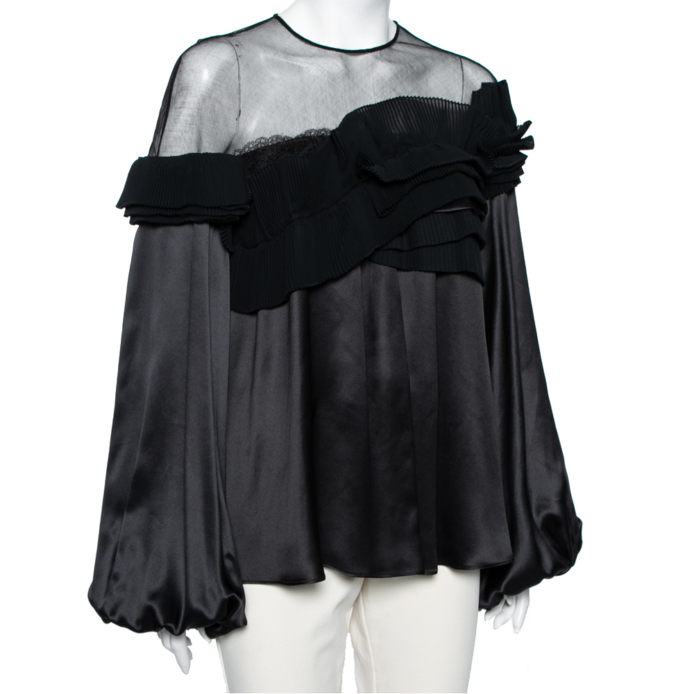 

Givenchy Black Silk & Mesh Paneled Plisse Trimmed Blouse