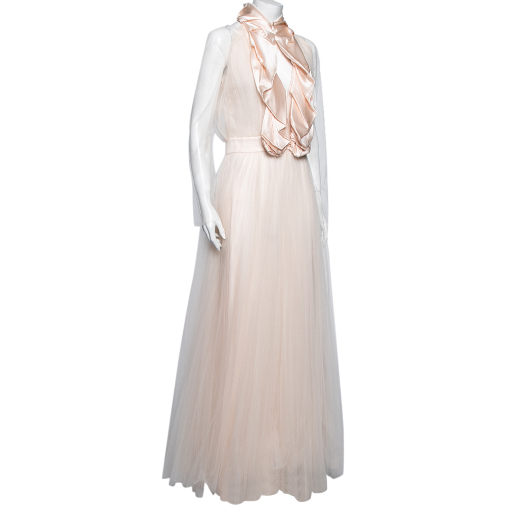 

Givenchy Pink Silk and Mesh Ruffle Front Tulle Maxi Dress