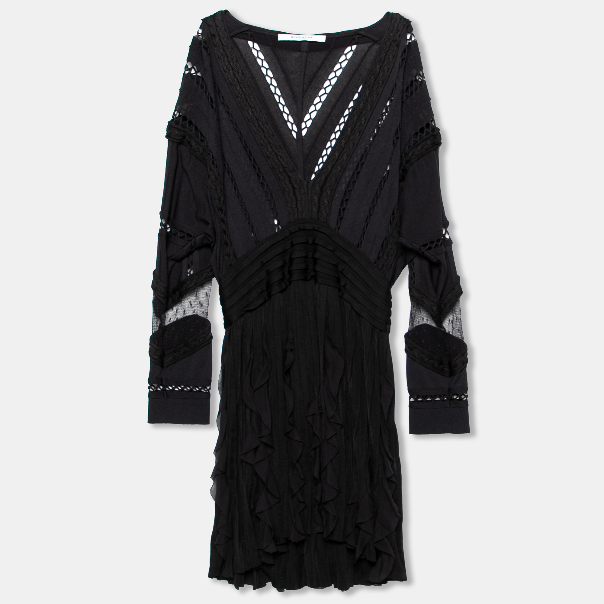 

Givenchy Black Patterned Knit Ruffle Trimmed Dress M