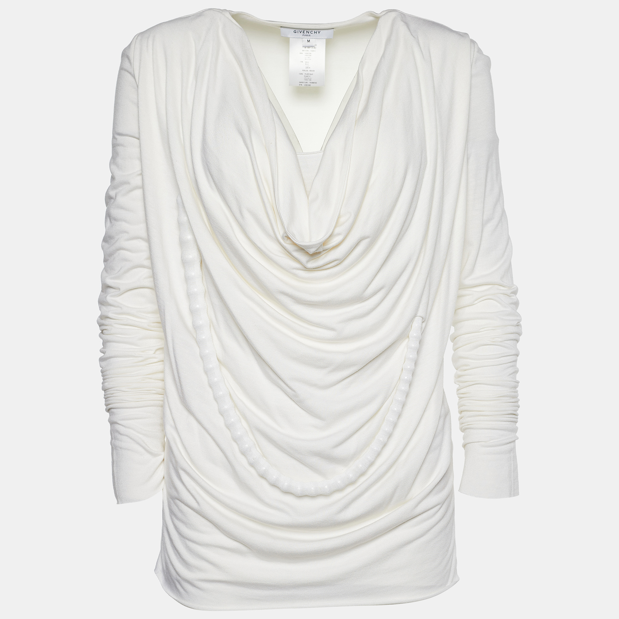 Pre-owned Givenchy Off-white Stretch Knit Beaded Chain Detail Draped Blouse M In Cream