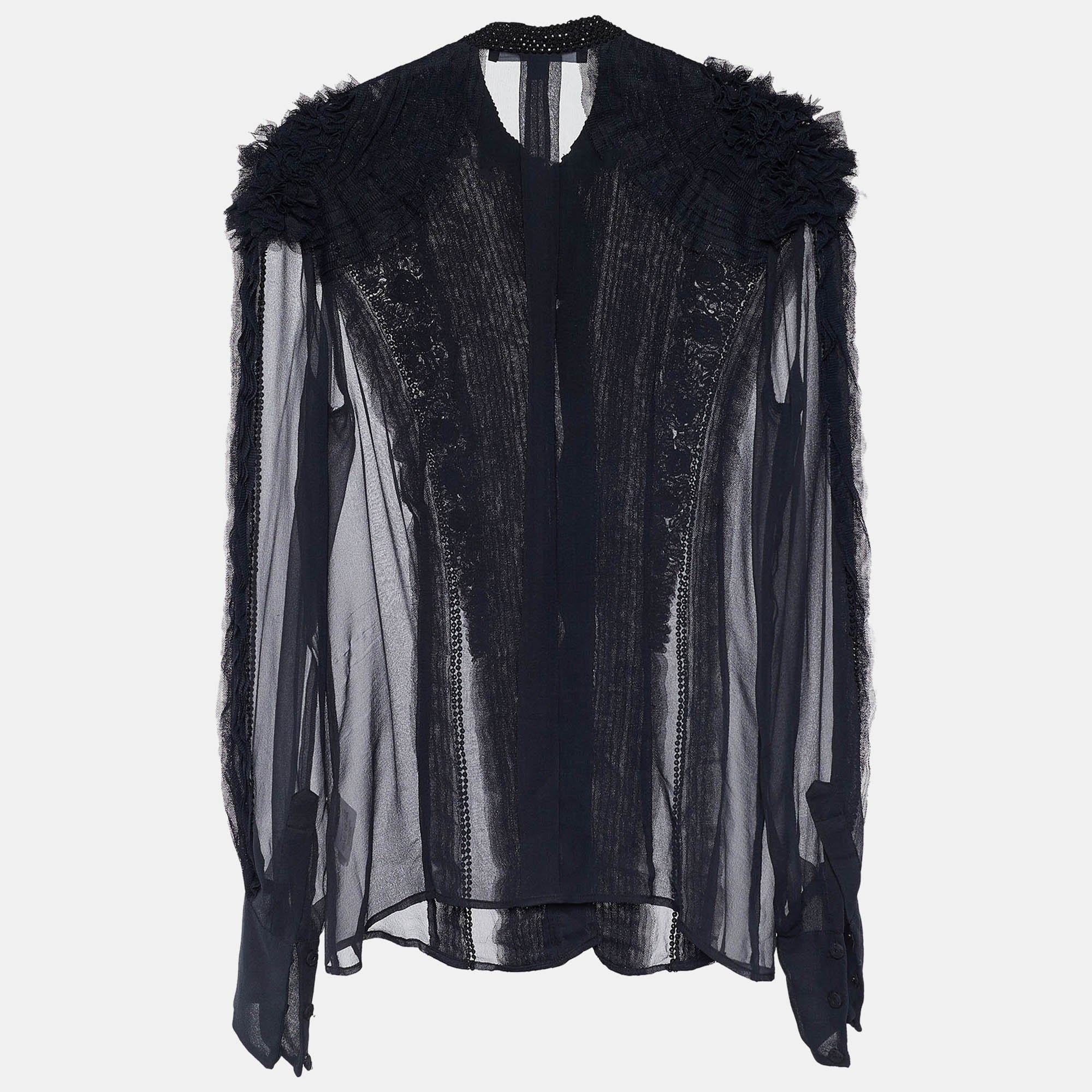 

Givenchy Black Silk Mesh Ruffled & Embellished Sheer Blouse