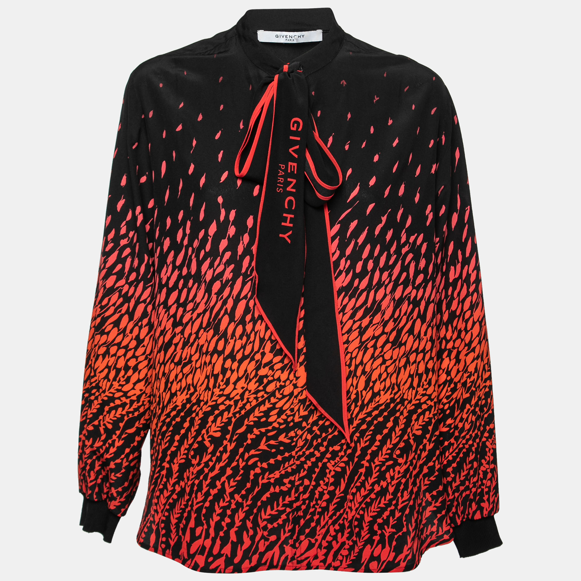 مملوكة مسبقًا Givenchy Black Floral Printed Crepe Tie-Neck Blouse M