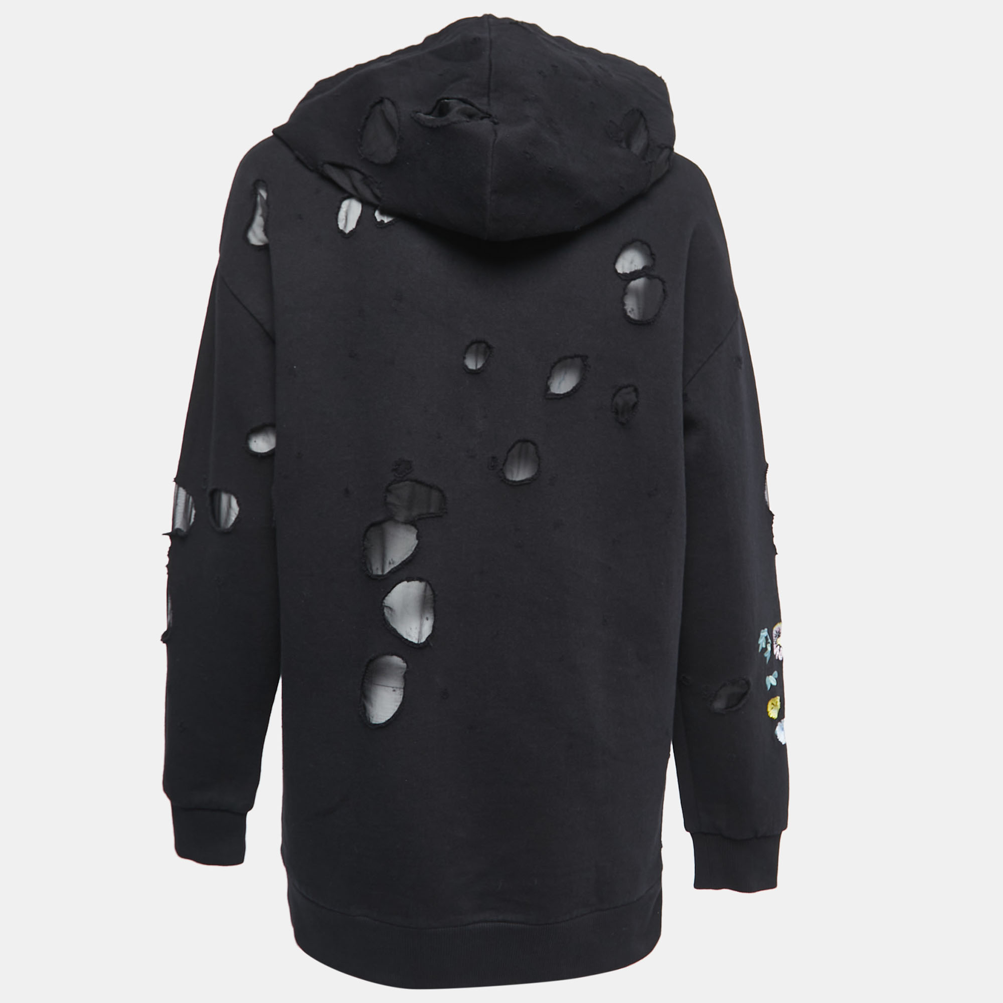 

Givenchy Black Flower Embroidered Distressed Cotton Logo Print Hoodie