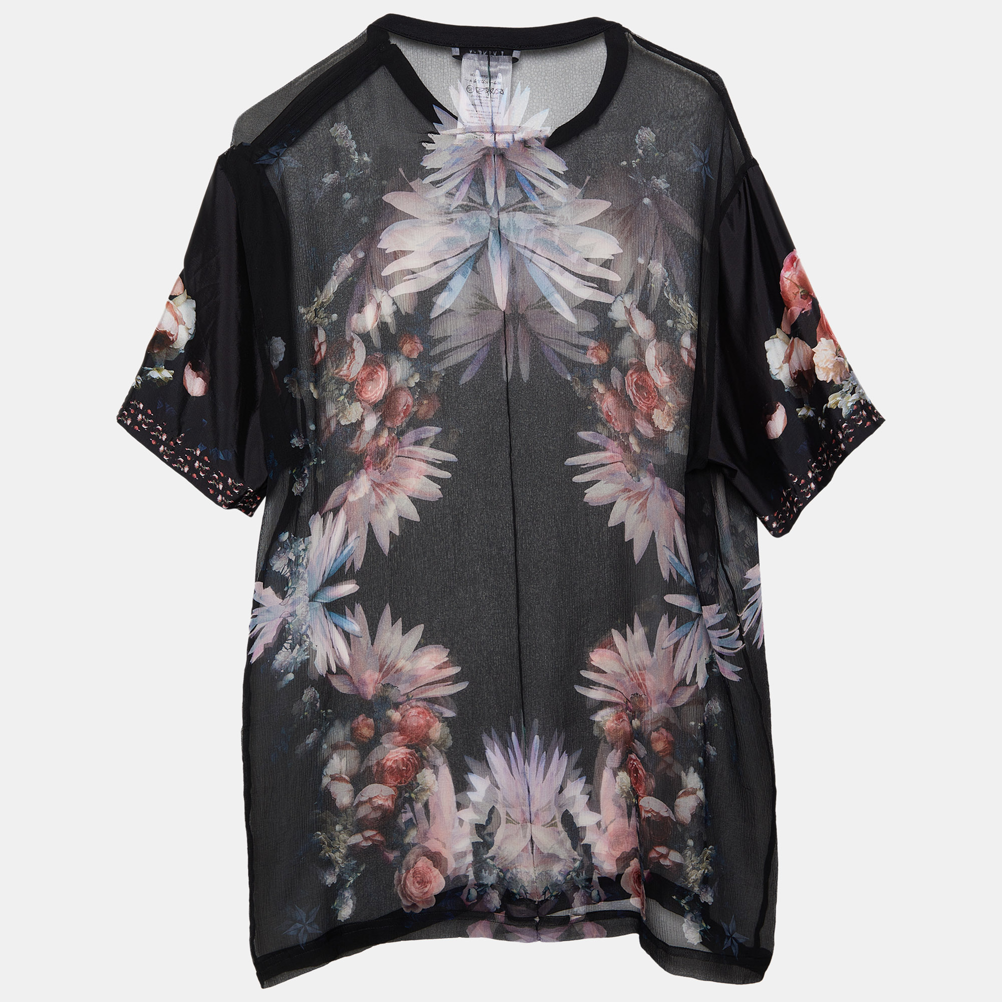 

Givenchy Black Floral Printed Silk Chiffon & Satin Sleeve Detail Sheer Top