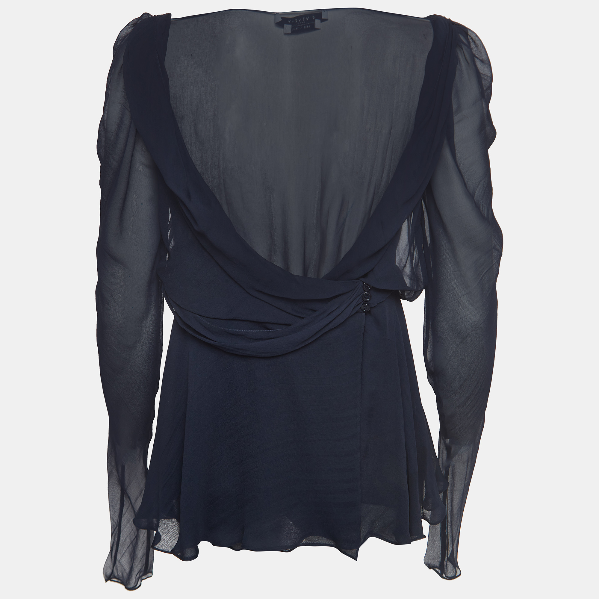 

Givenchy Navy Blue Draped Silk Chiffon Long Sleeve Blouse