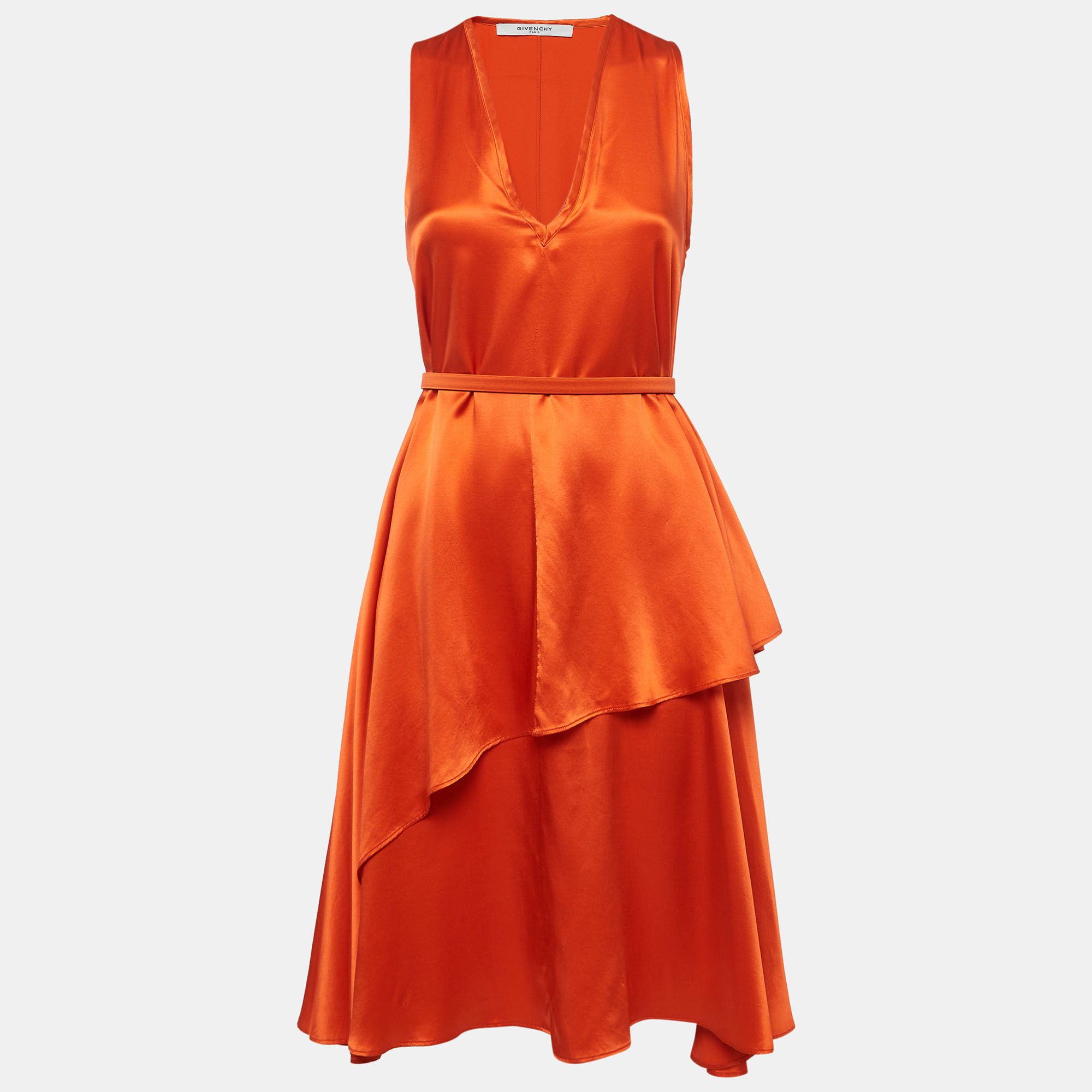 

Givenchy Orange Satin Belted Sleeveless Layer Dress M