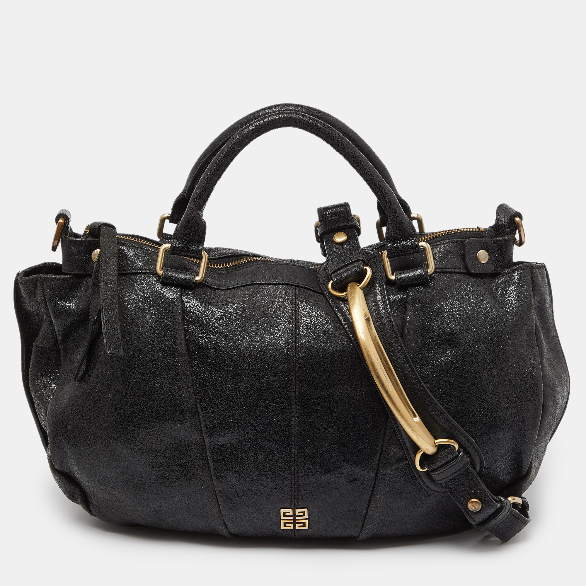 

Givenchy Black Cracked Leather Ruched Satchel