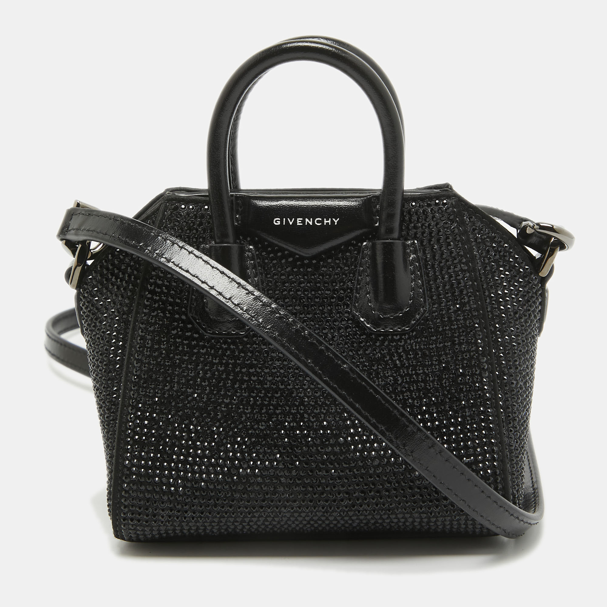 Pre-owned Givenchy Black Satin And Leather Micro Antigona Crystals Crossbody Bag