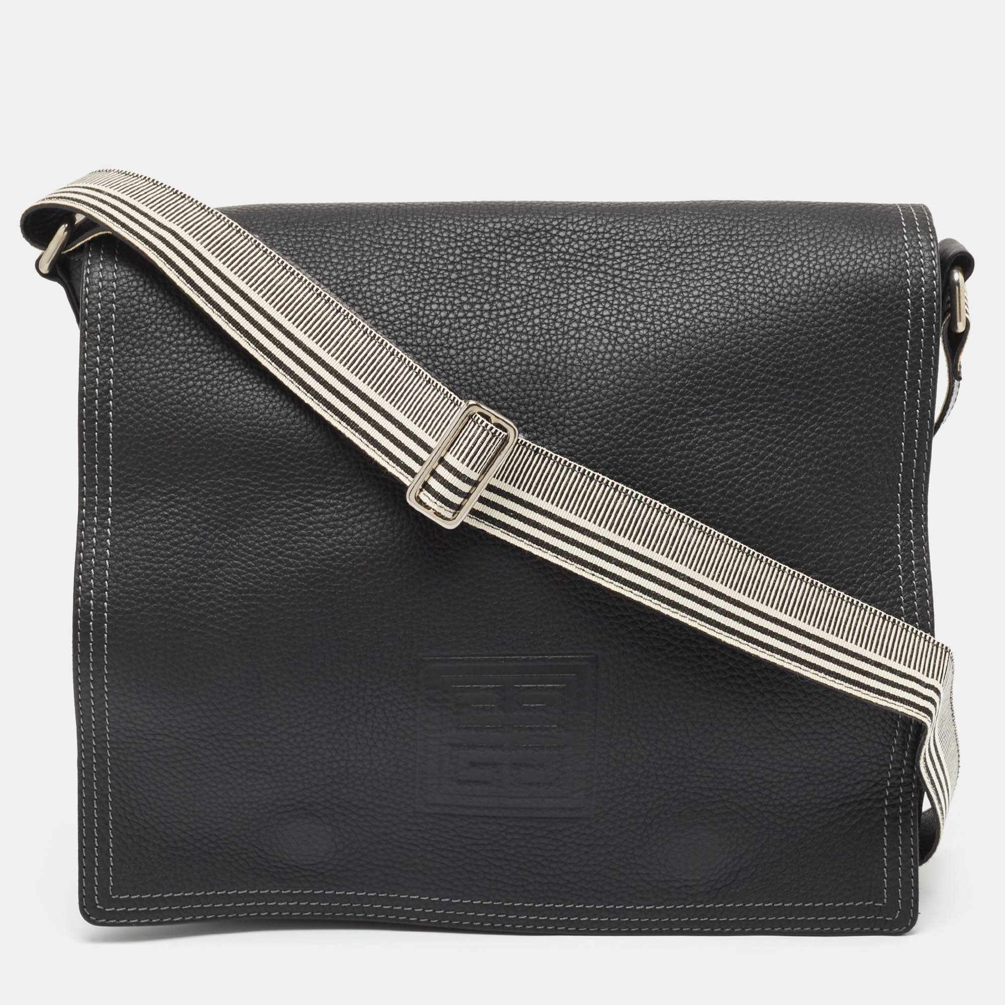 

Givenchy Black Leather Logo Embossed Flap Messenger Bag