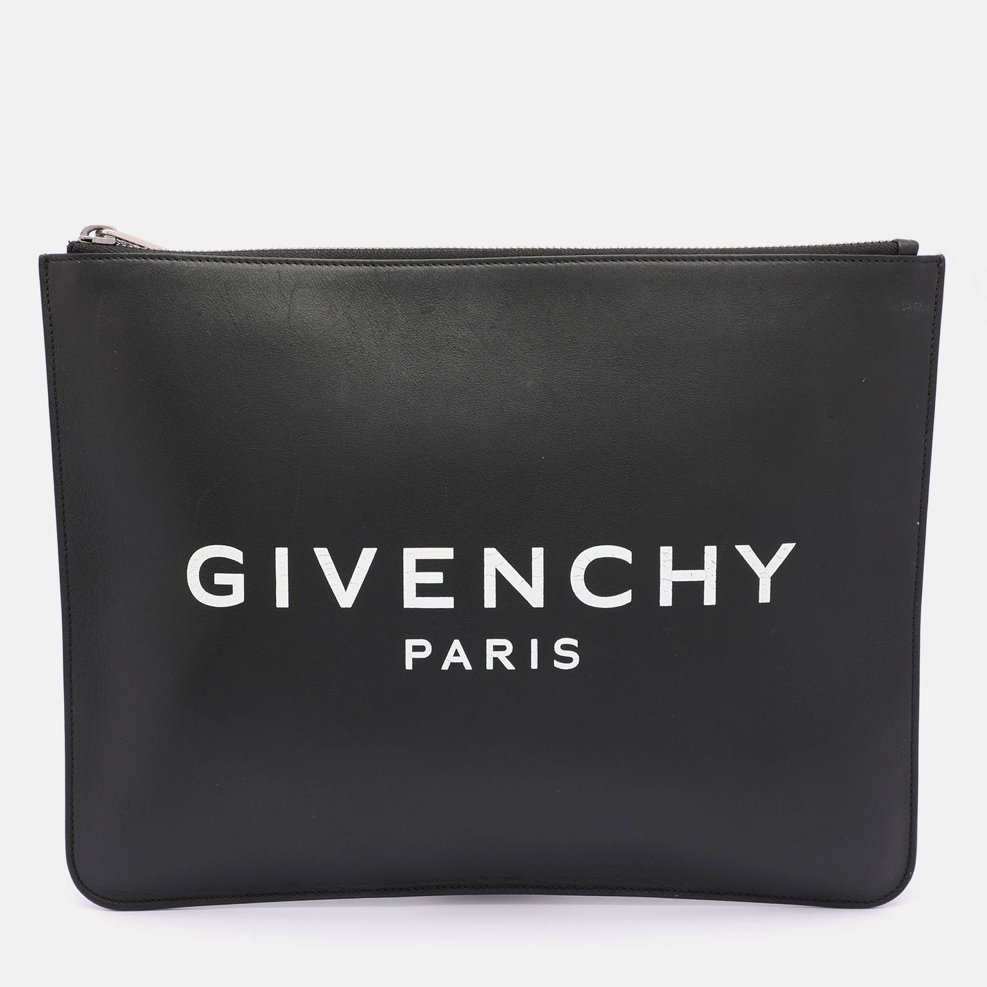 

Givenchy Black Leather Logo Top Zip Pouch