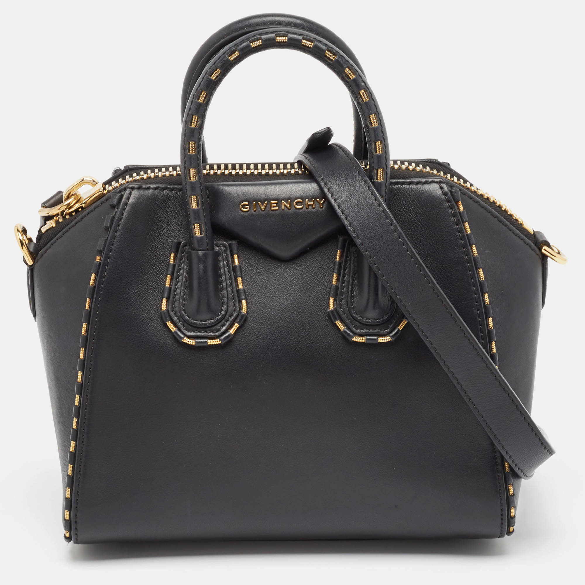 Pre-owned Givenchy Black/gold Leather Mini Antigona Satchel