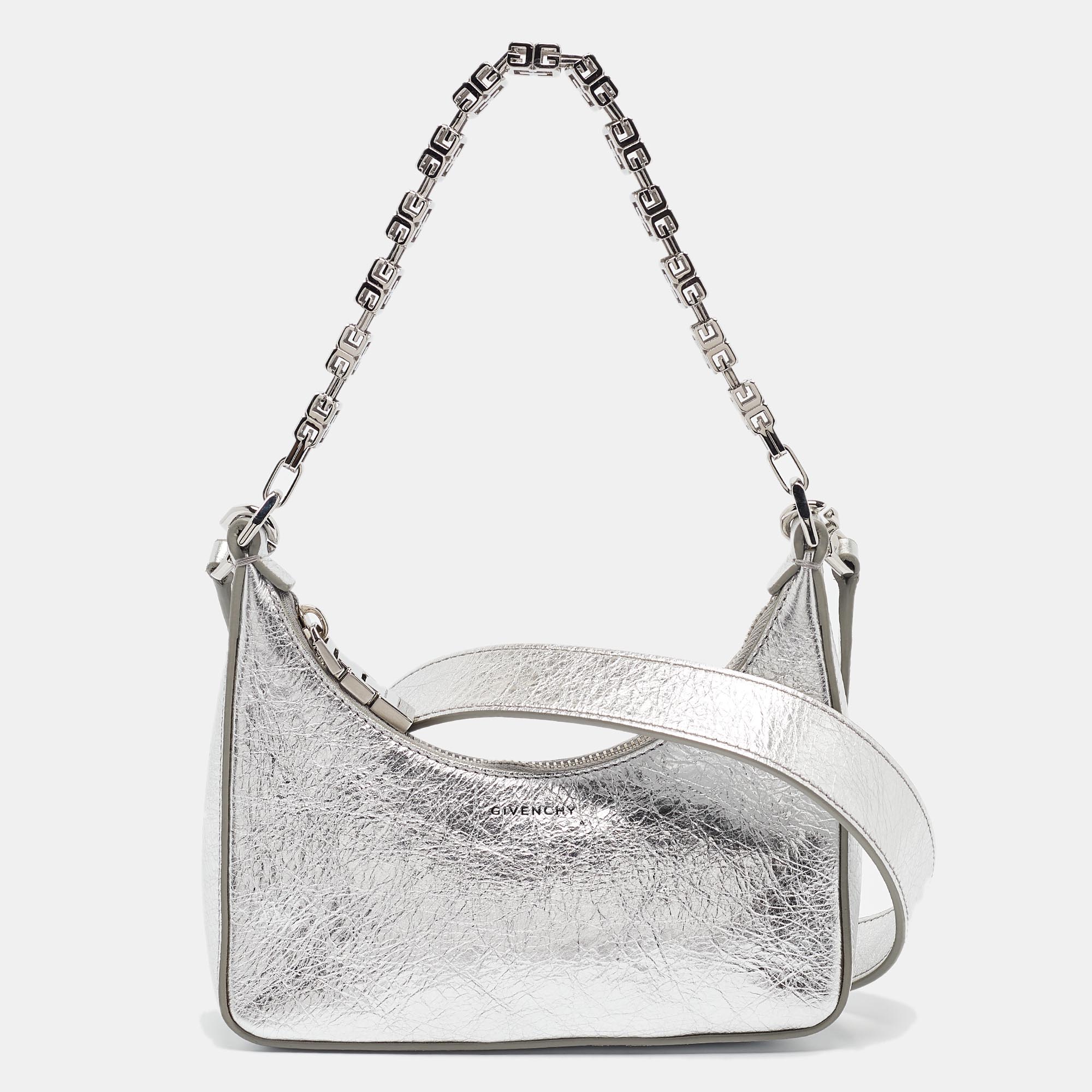 

Givenchy Silver Crinkled Patent Leather Mini Moon Cutout Crossbody Bag